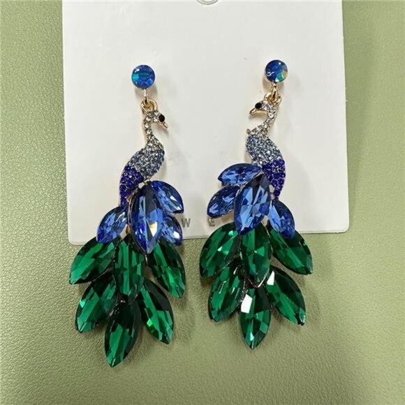 Peacock Dangle Earrings 14K Gold Plated Multicolors Crystal Feather - Picture 7 of 11